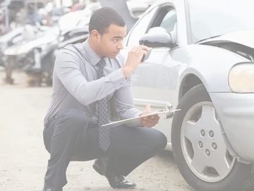 Loss Adjuster Inspecting Car Involved In Accident Crouching Down